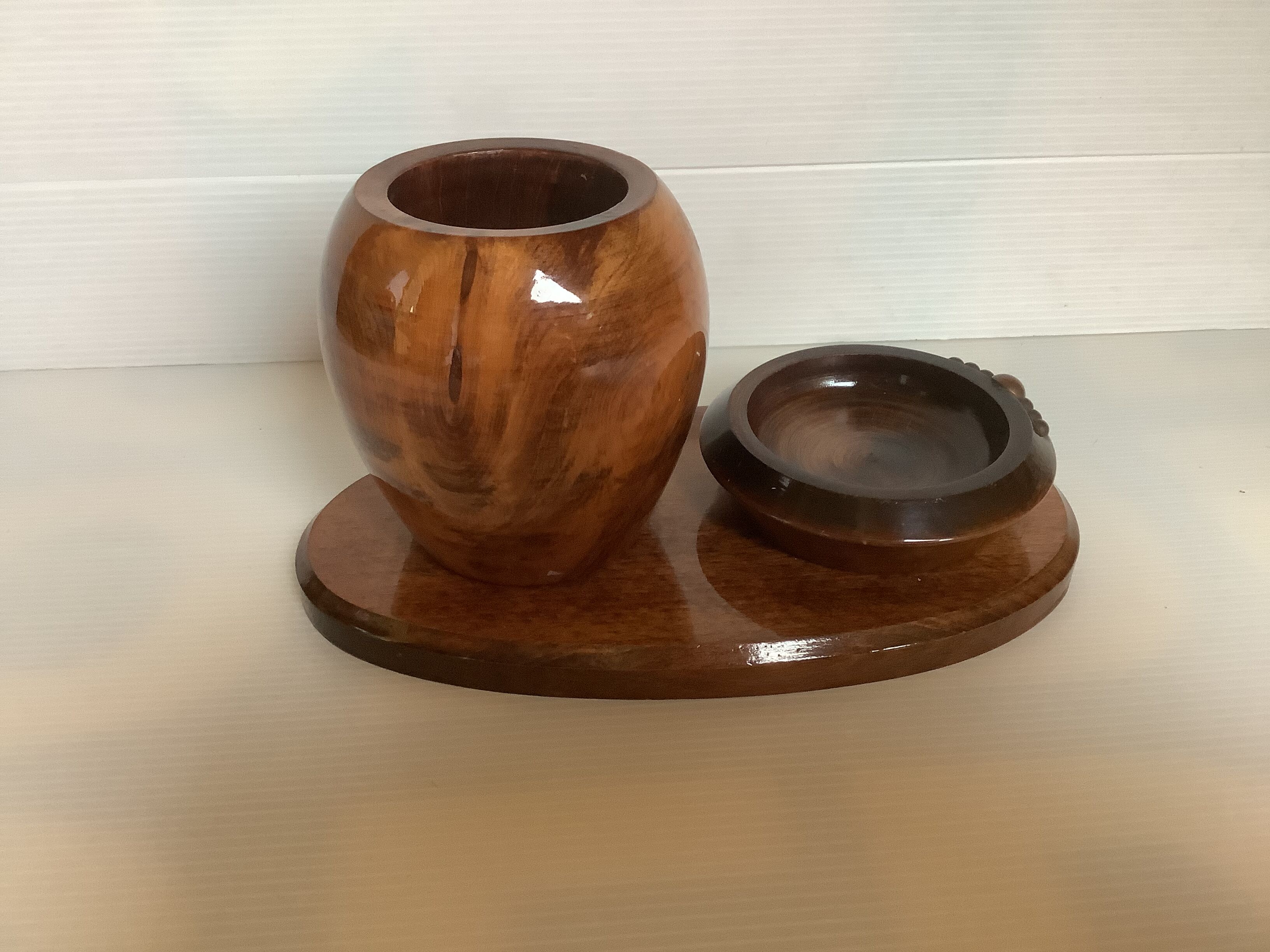 Old brutalist varnished wooden pencil pot