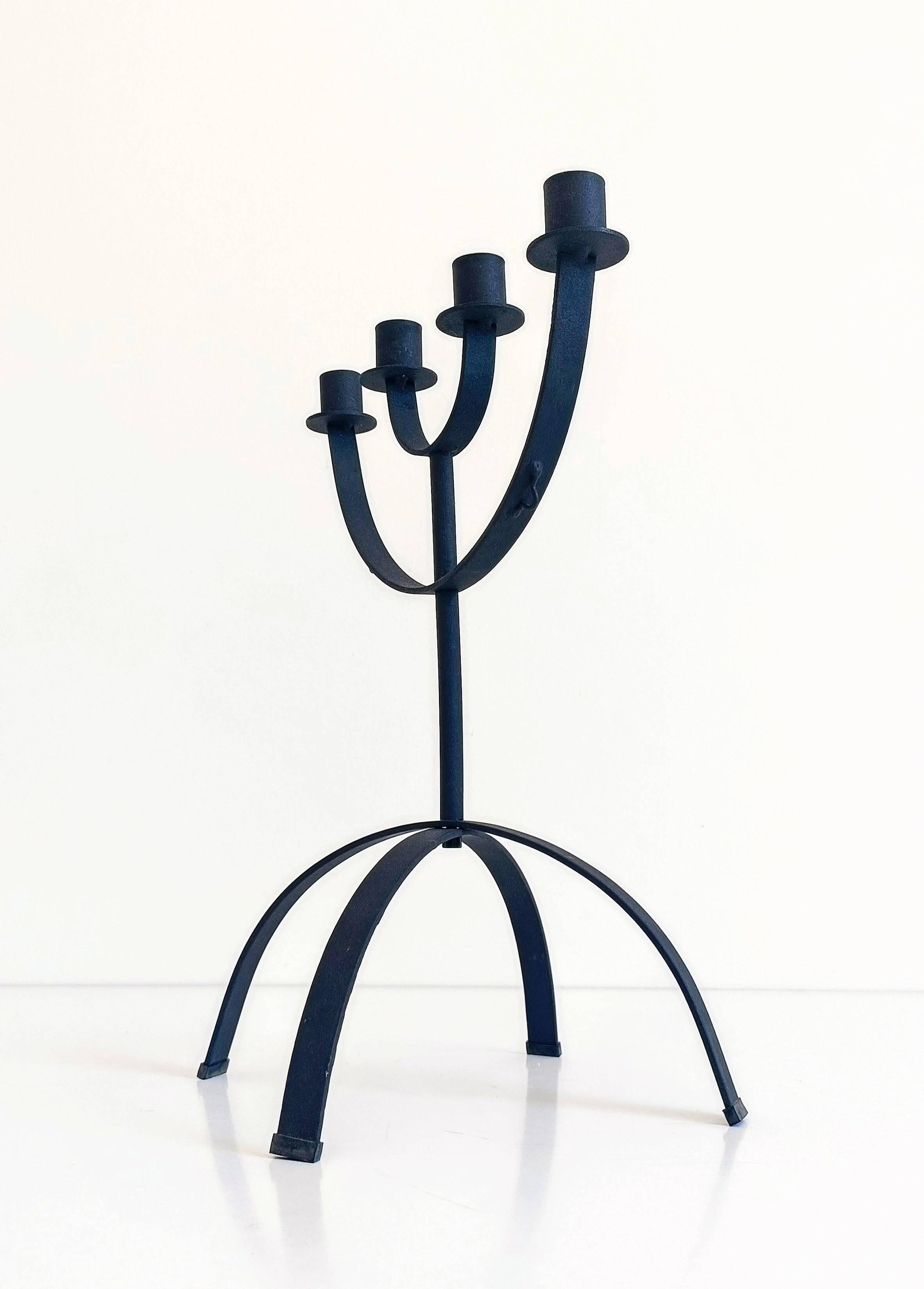 Mid-Century Minimalistic Black Wrought Iron Menorah Candelabra