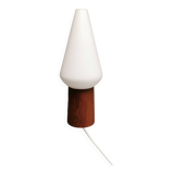 Wall lamp in teak with milky white cone-shaped shade in double glass