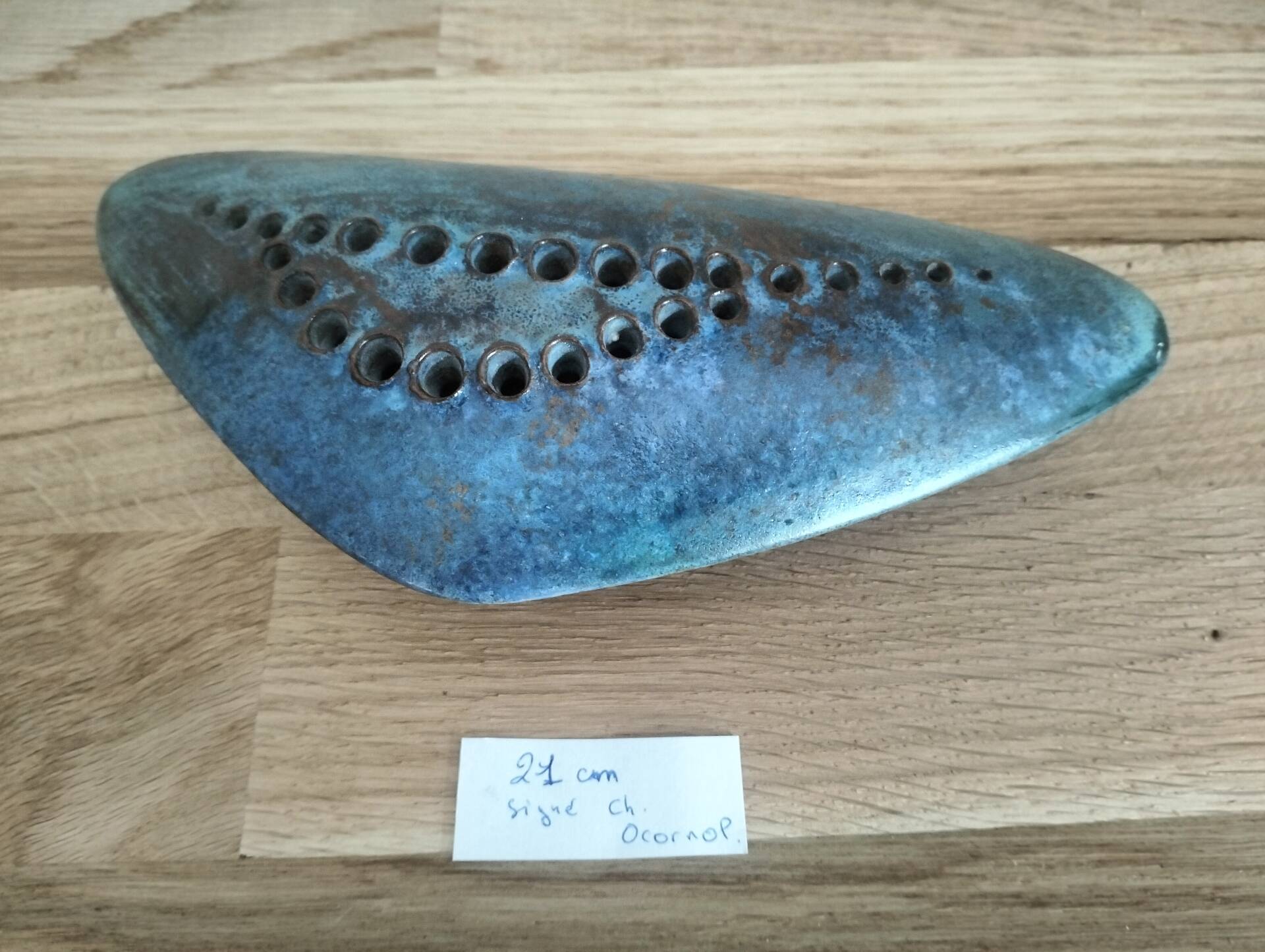 "Flower holder 'Galet' in glazed stoneware by Ch. OCORNOL, artistic glazed stoneware."