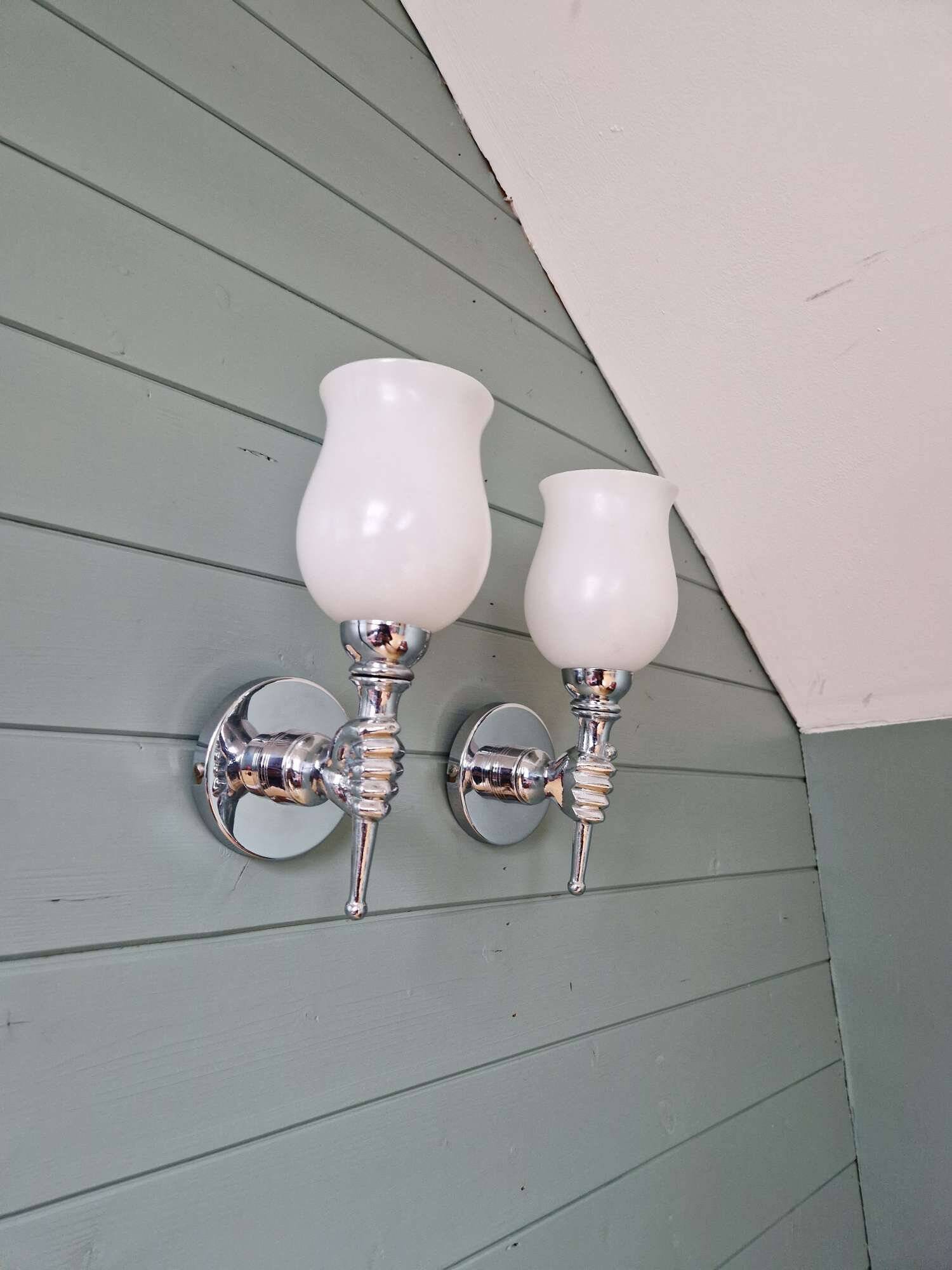 Pair of wall lights in chromed metal and white satin glass, 1960