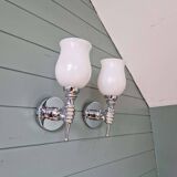 Pair of wall lights in chromed metal and white satin glass, 1960