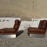 Salon complet en aluminium brossé et cuir marron, France 1970
