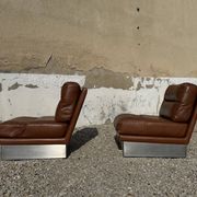 Complete vintage living room set, brushed aluminum and brown leather, France, 1970