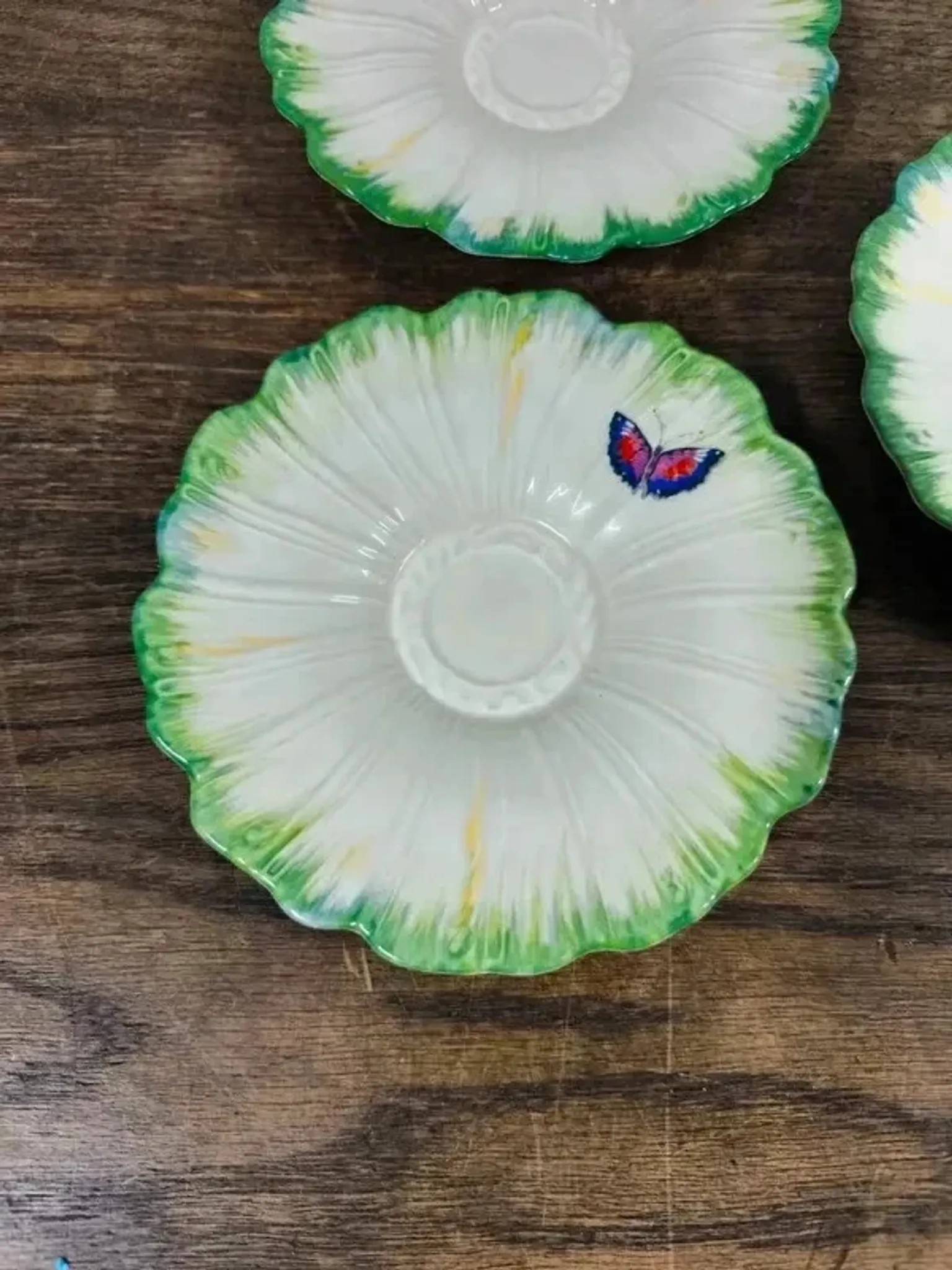 Set of 3 antique Lunéville butterfly saucers / saucers in barbotine.