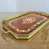 Plateau octogonal en marqueterie et laiton, Italy, Art Deco années 40 50