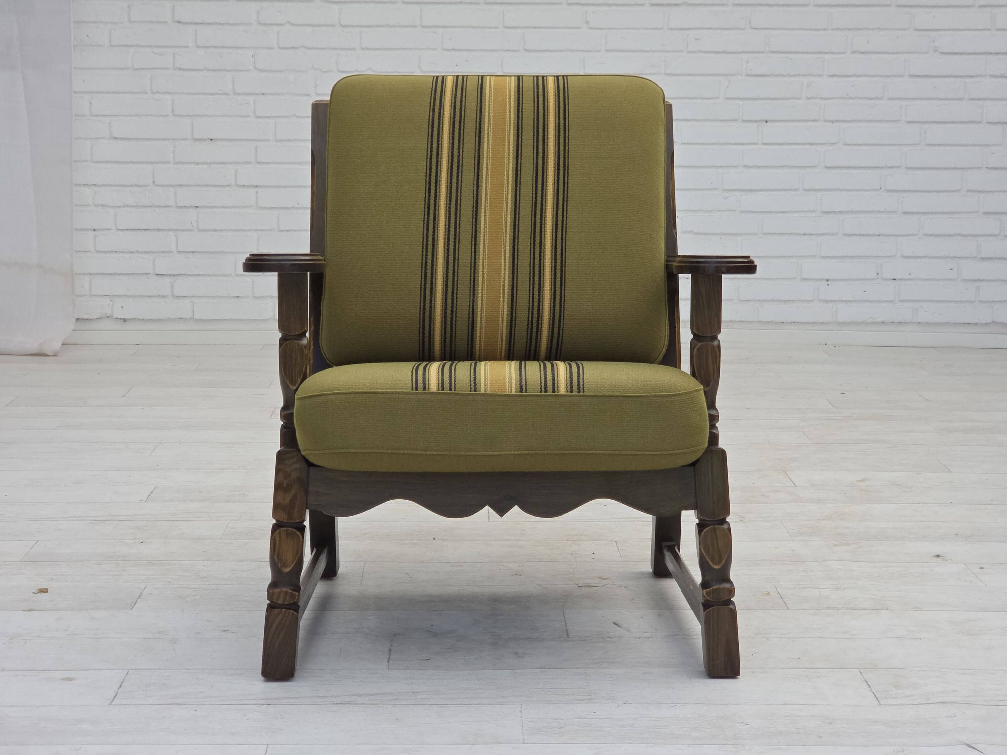 1970s, pair of Danish armchairs, original green furniture wool, oak wood.