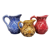 Set of 3 old onnaig barbotine carafe pitchers. creamer, sauce boat