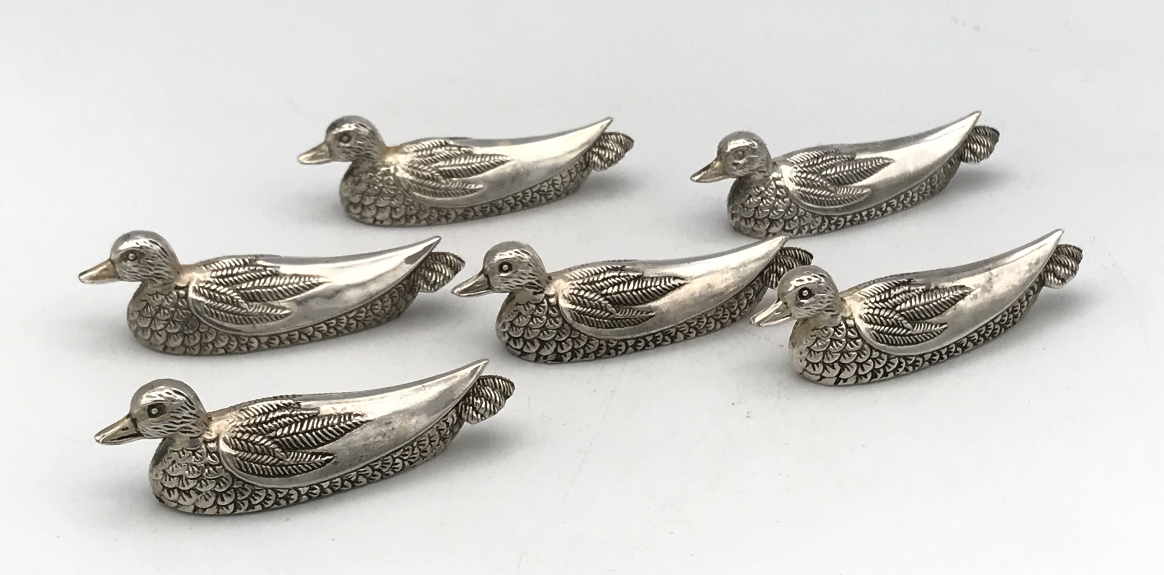 6 vintage DUCK-shaped knife rests, silver-plated metal, SILEA