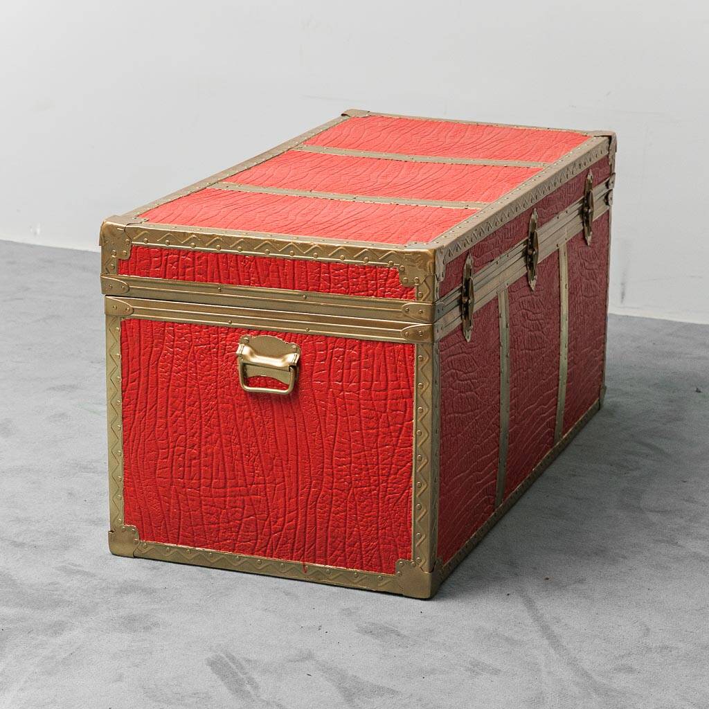 Vintage metal chest with red leather covering, 1950s