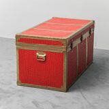 Vintage metal chest with red leather covering, 1950s