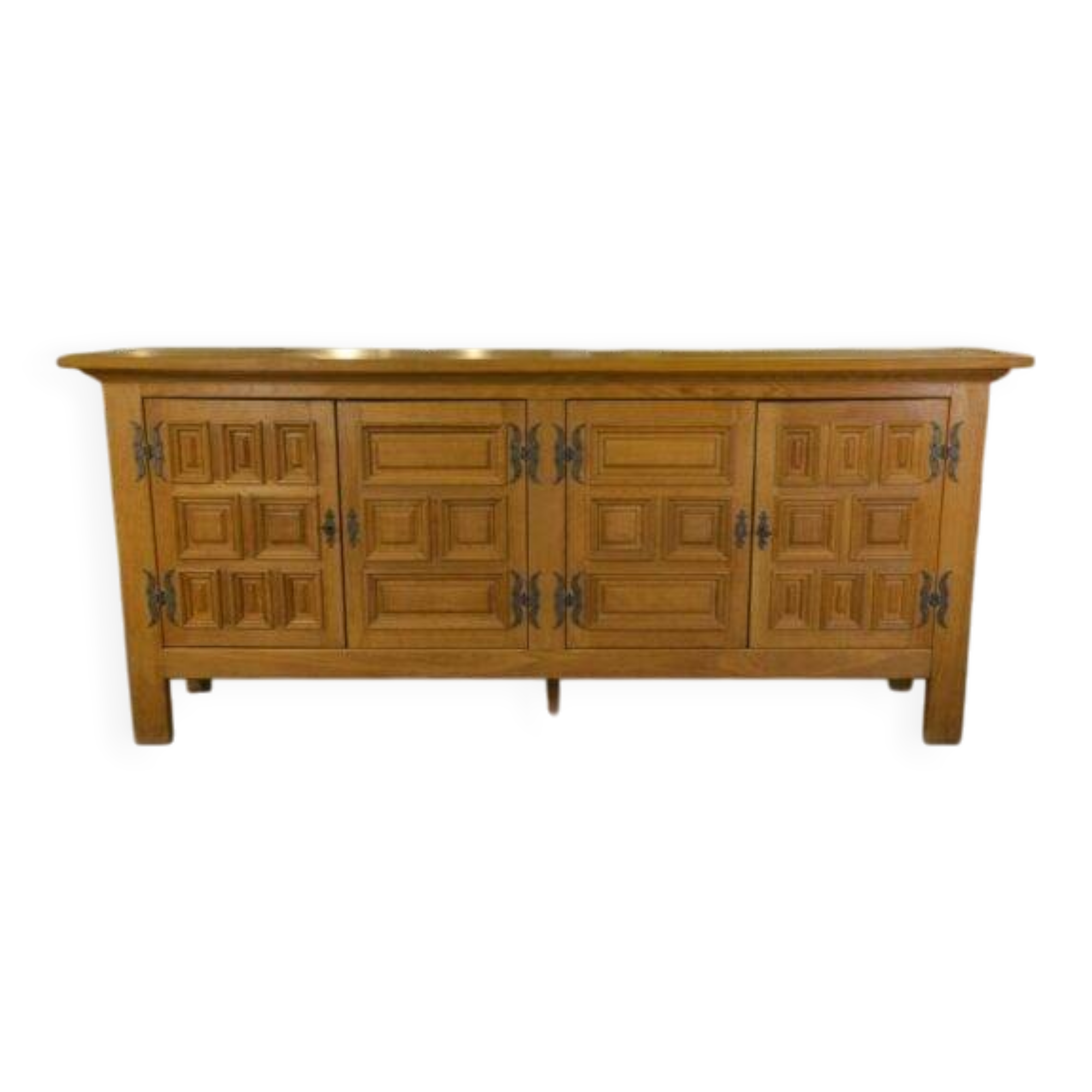 Large 4-door sideboard in solid oak and wrought iron, rustic style, 1960s