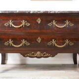 Antique chest of drawers in mahogany, Amboyna burl, red marble and bronze