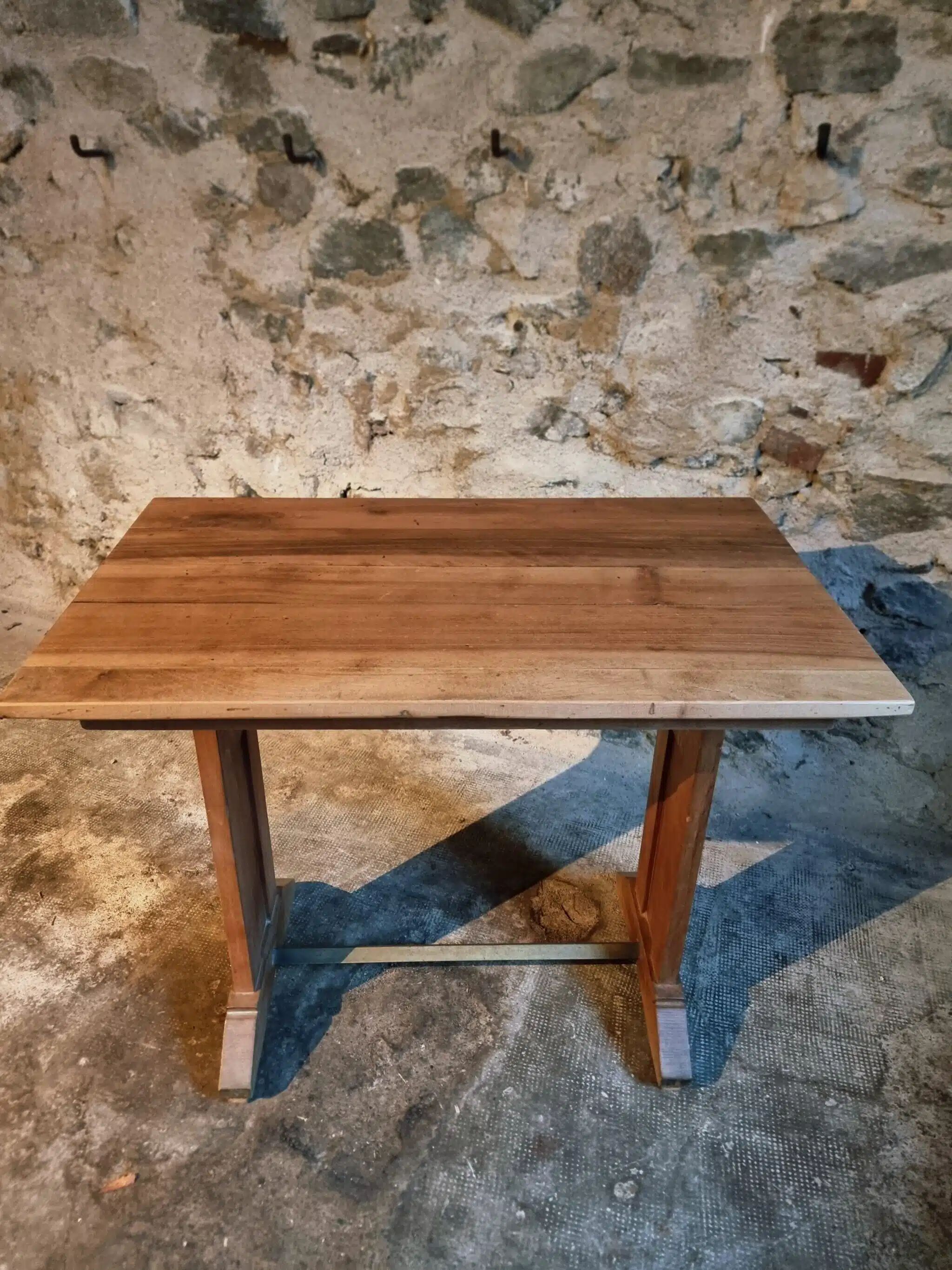 Vintage 1930s French bistro table – beech base, walnut top and nickel-plated stand