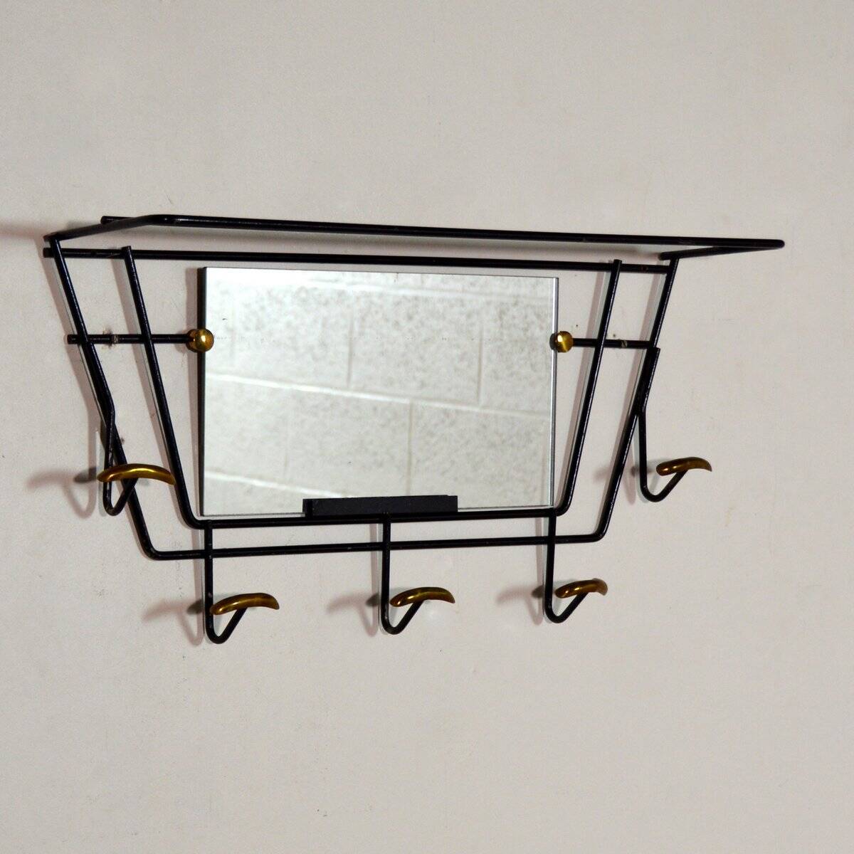 Black and gold brass wall-mounted coat rack / hat rack, 1950s