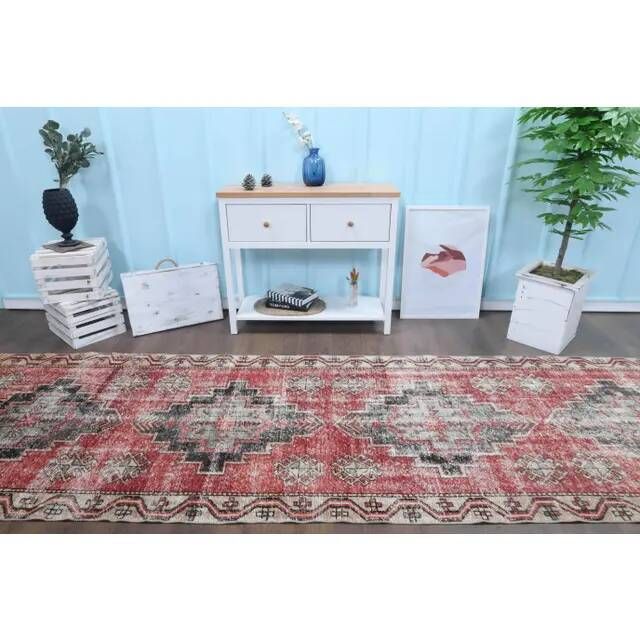 1960s Turkish Hand-Knotted Red Runner Rug 111x391