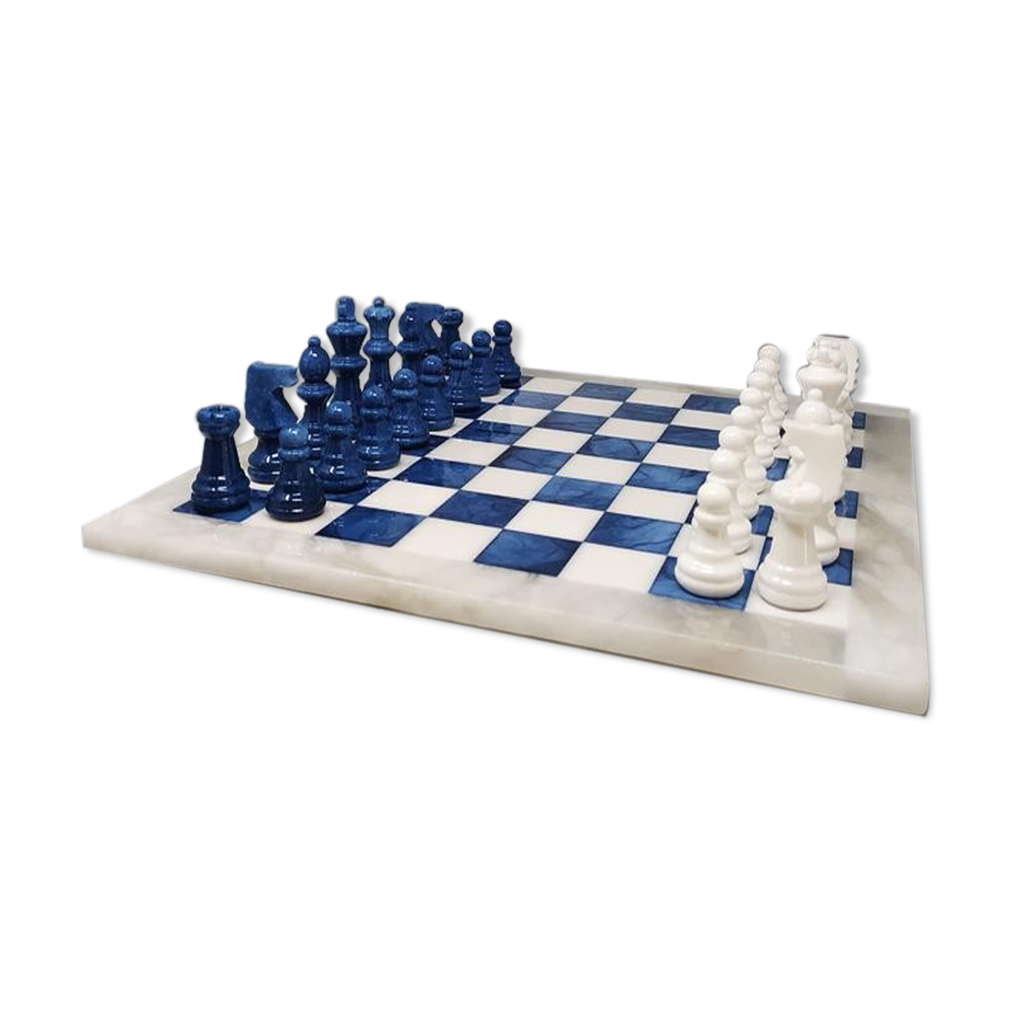 1970s elegant blue and white chess set in volterra alabaster handmade. made in italy