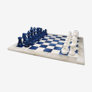 1970s elegant blue and white chess set in volterra alabaster handmade. made in italy