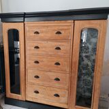 Furniture oftier in raw and black lemon tree and background dresses in cotton wool and black jungle print fabrics
