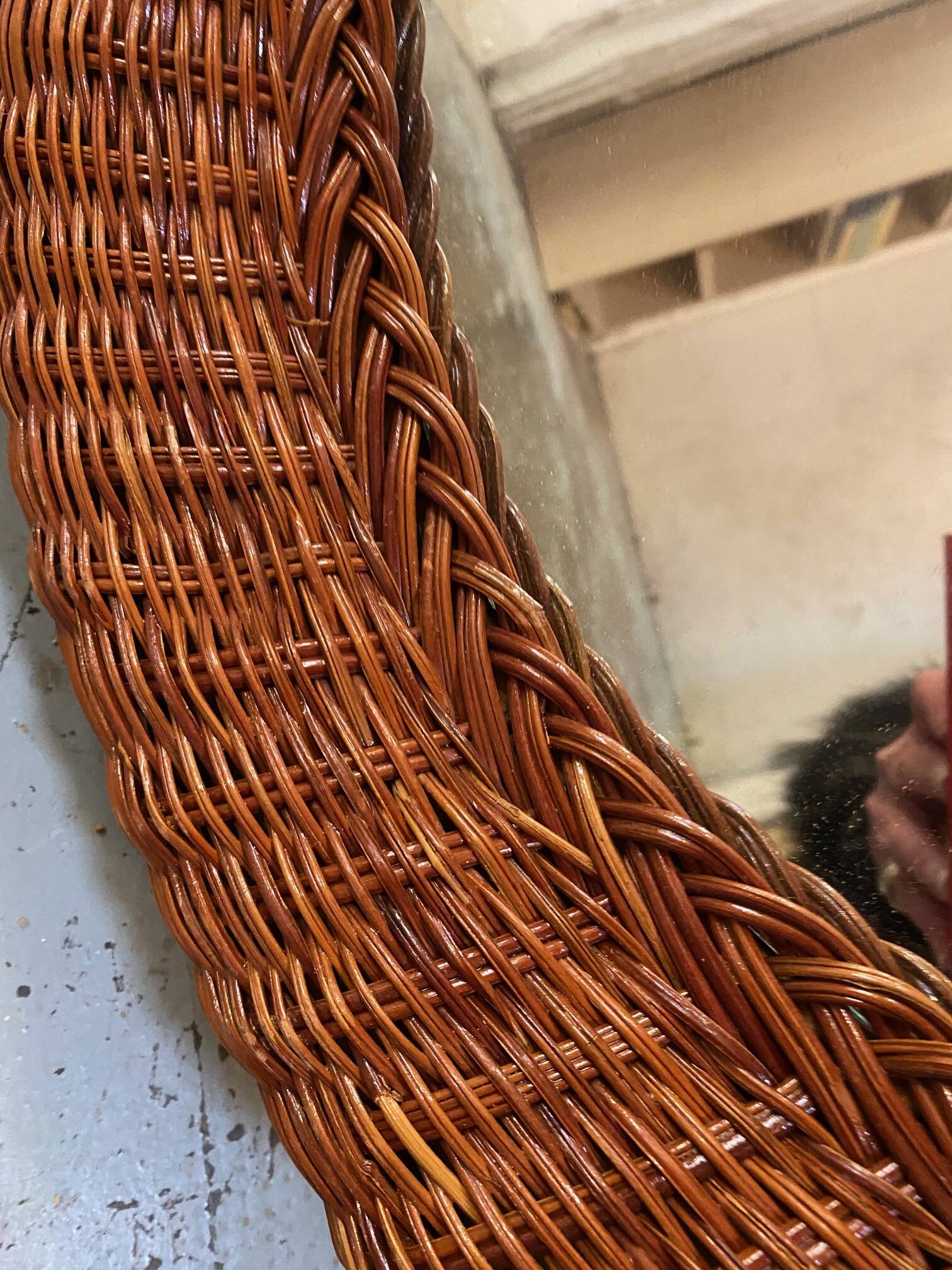 Old vintage round braided wicker mirror 1970s