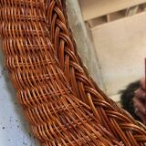 Old vintage round braided wicker mirror 1970s