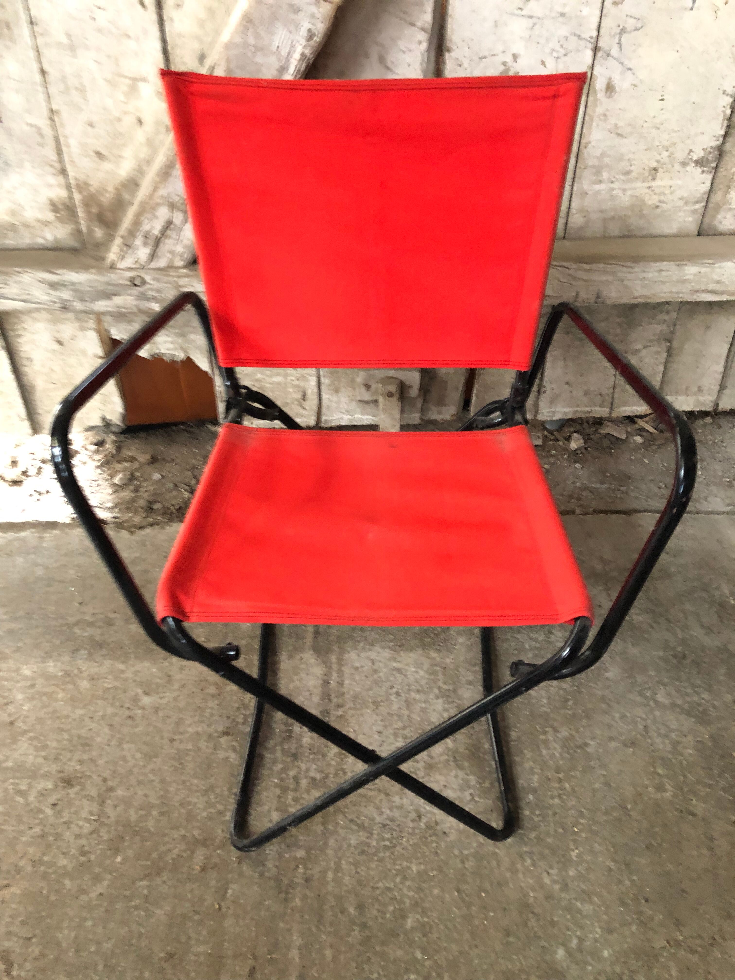 Old Folding Armchair Tube Metal Black + Red Fabric 70s Vintage