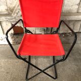 Old Folding Armchair Tube Metal Black + Red Fabric 70s Vintage