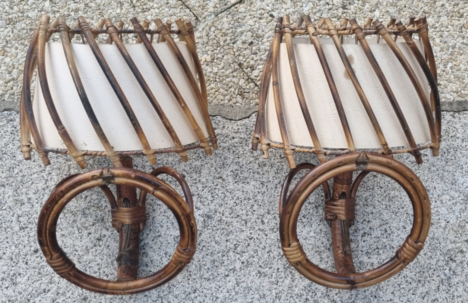 Pair of rattan bamboo sconces,  vintage, 60s