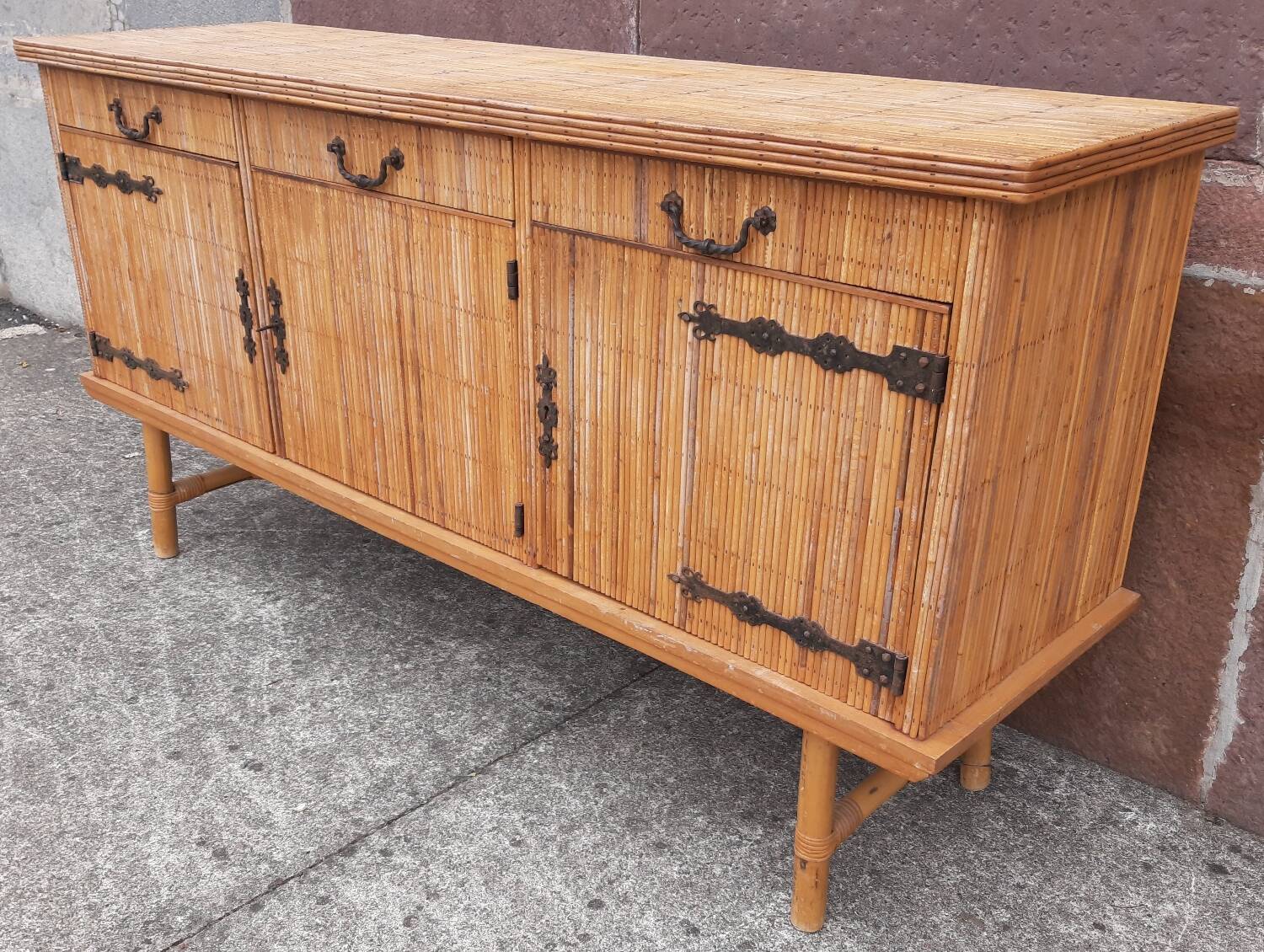 Console table in rattan and bamboo, (Attributed to Audoux-Minet)