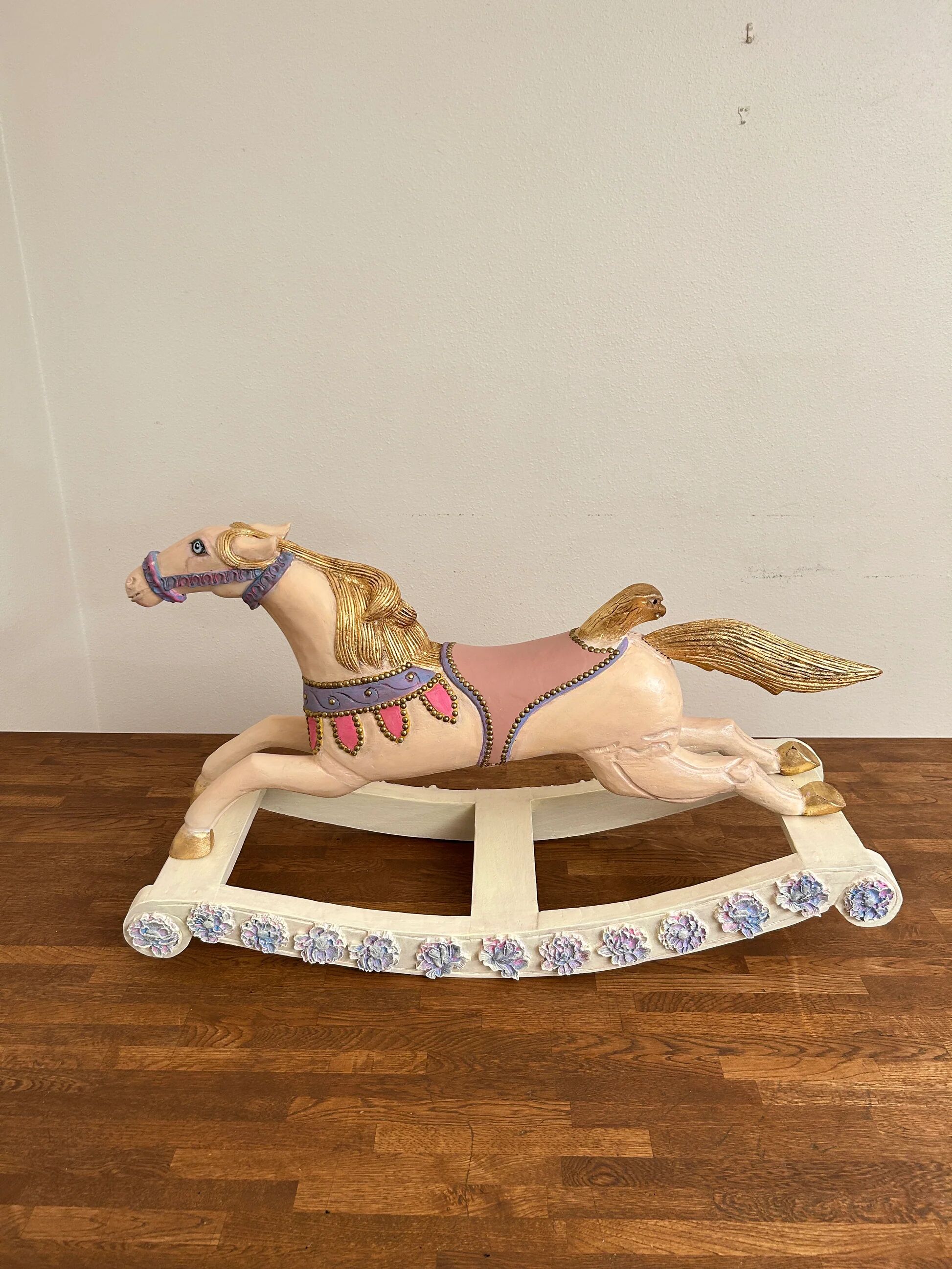 Hand-painted antique rocking horse – pastel nursery decor, heirloom toy