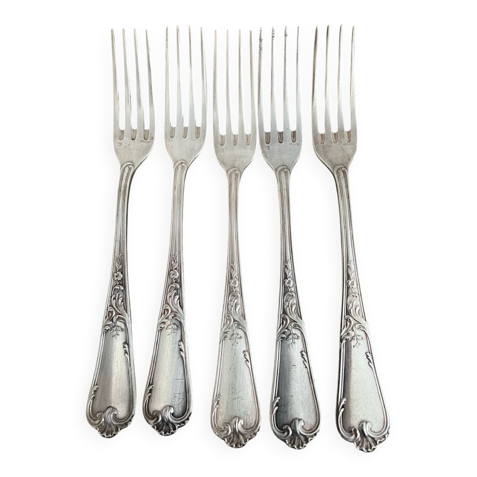 5 silver-plated metal forks with the Ercuis hallmark.