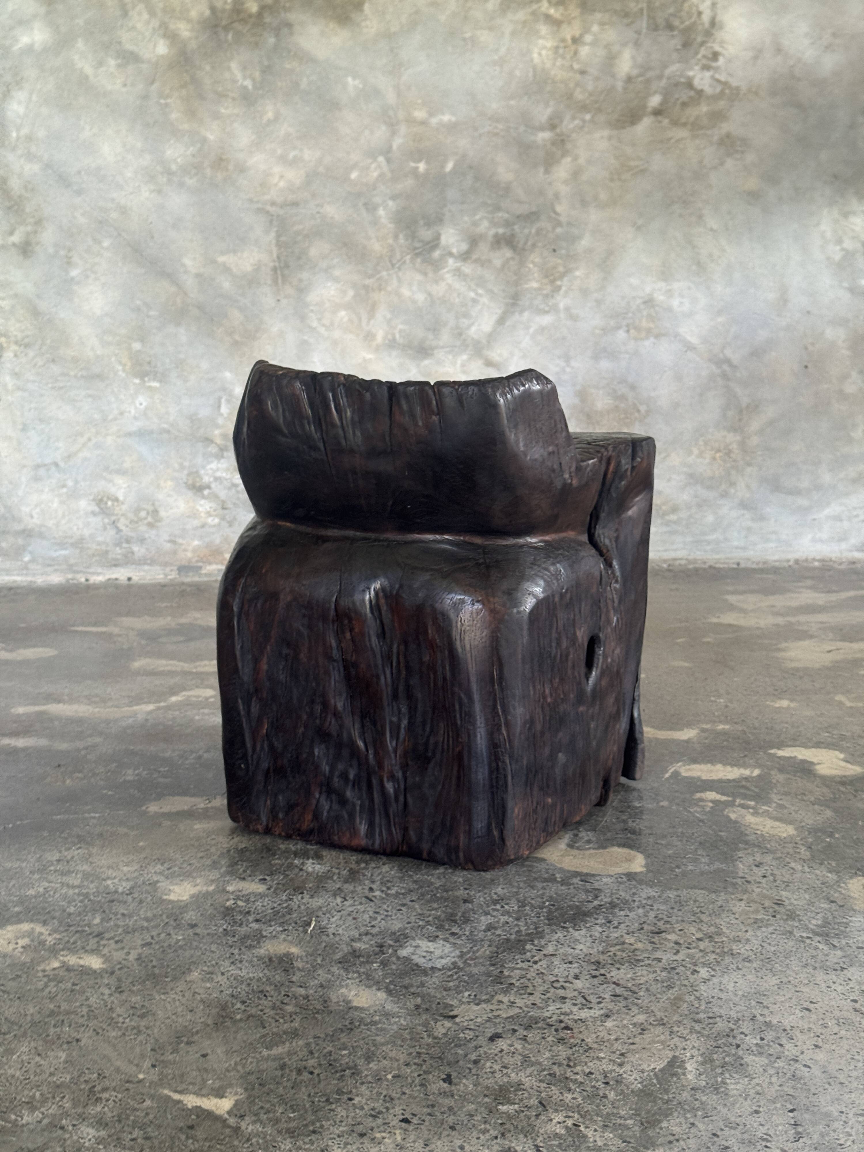 Stool, tabouret or low Japanese-style armchair in brutalist monoxyle radica.