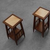 Pair of 20th century rustic wooden side tables with ceramic tile top