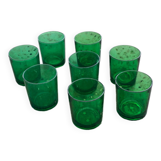 8 glasses of water or wine, straight, in green glass, cups, stamps chantovent vin de pays france