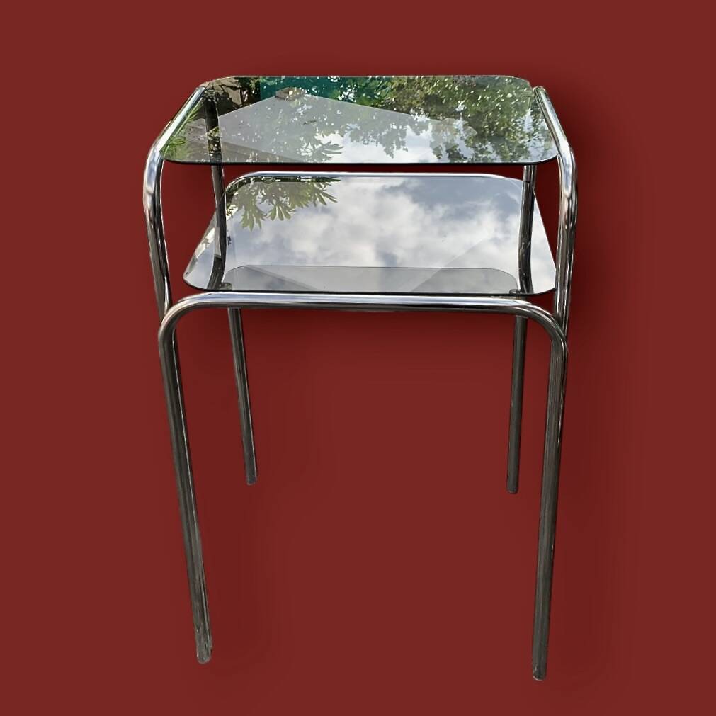 Vintage side table in chromed metal and smoked glass - modernist style