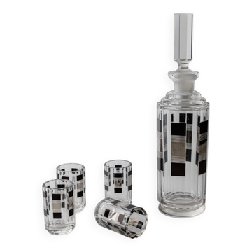 Ensemble de liqueur Art Déco vintage Karl Palda – Verre cristal transparent avec détails en argent, 1 carafe + 4 verres