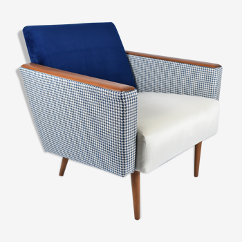 Mid- century modern armchair, 1970s, restored, blue and white velvet, pied de poule fabric