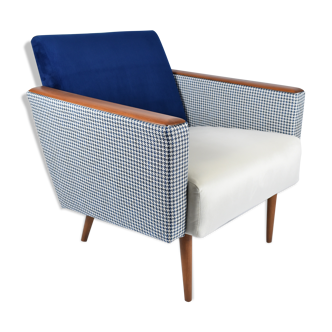 Mid- century modern armchair, 1970s, restored, blue and white velvet, pied de poule fabric