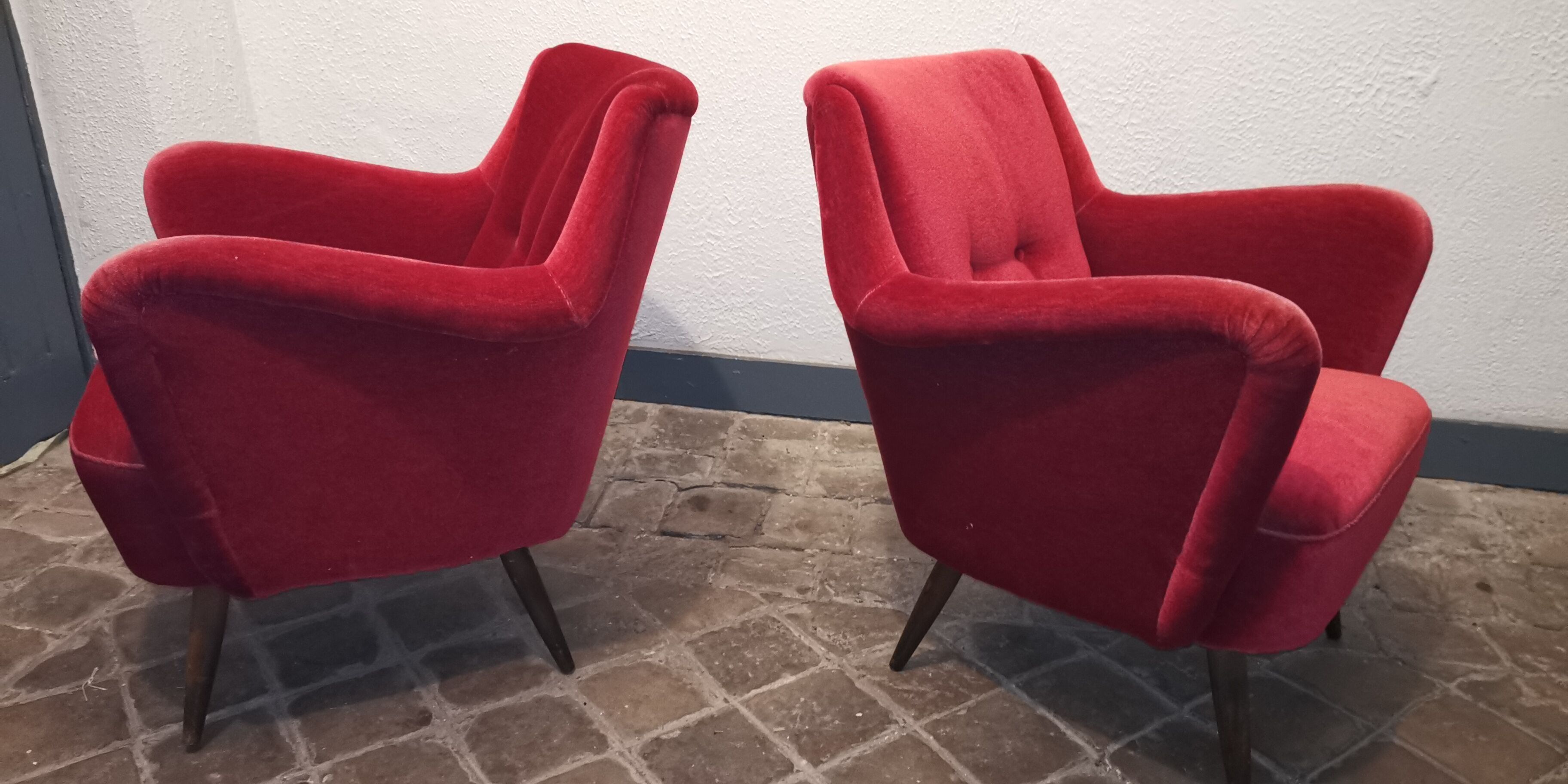 Pair of organic armchairs from the 50s red velvet