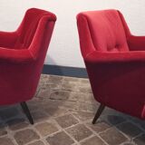 Pair of organic armchairs from the 50s red velvet