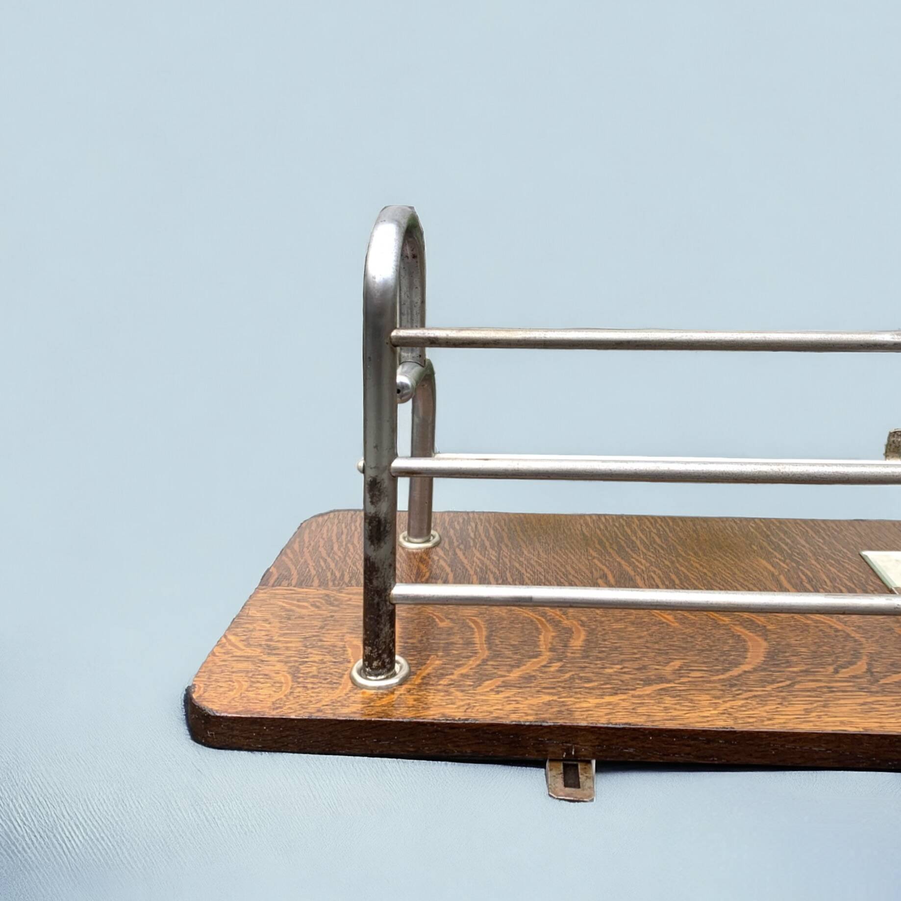 Large Art Deco wall-mounted coat rack in wood and chrome metal with mirror