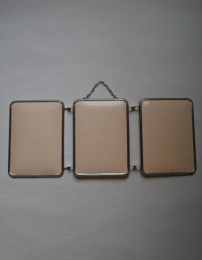 Barber mirror triptych chrome metal imitation cream leather vintage chain