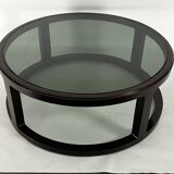 Italian Vintage Large Round coffee table in wood and fume glass. 1970s