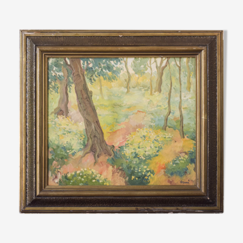 Impressionist wooded landscape with flowers