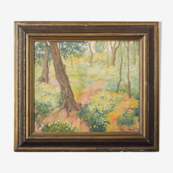 Paysage boisé impressionniste avec des fleurs