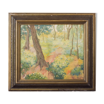 Impressionist wooded landscape with flowers