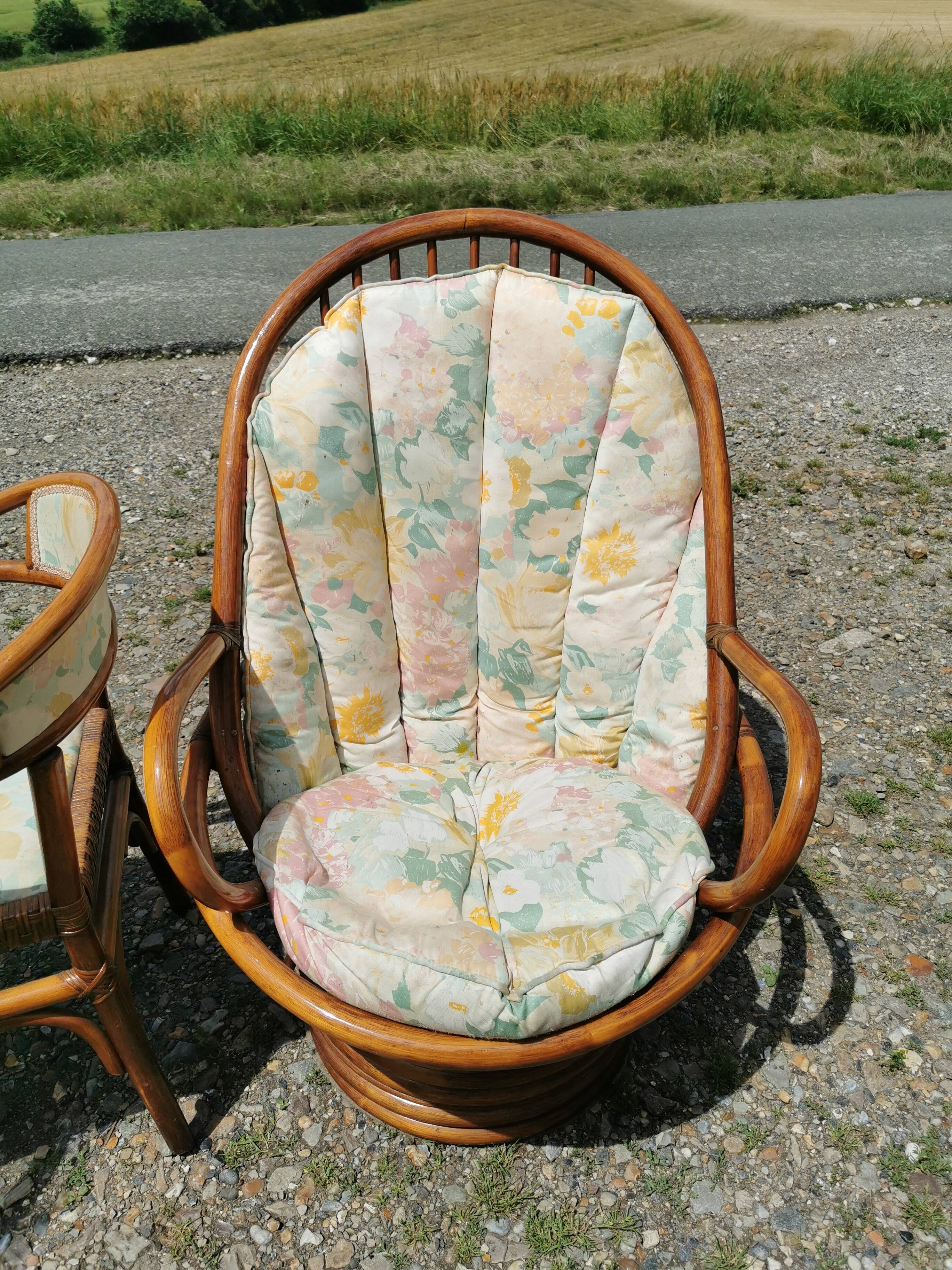 Rattan garden furniture, table, chairs and armchairs