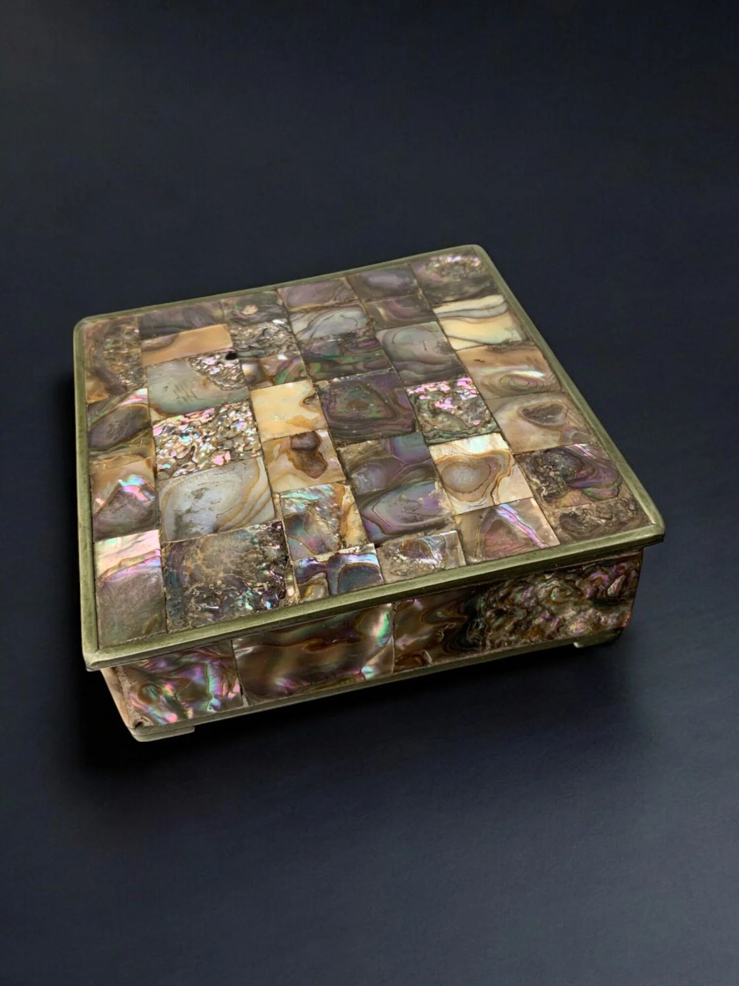 Abalone shell vanity box, alpaca & wood, Mexico, circa 1980