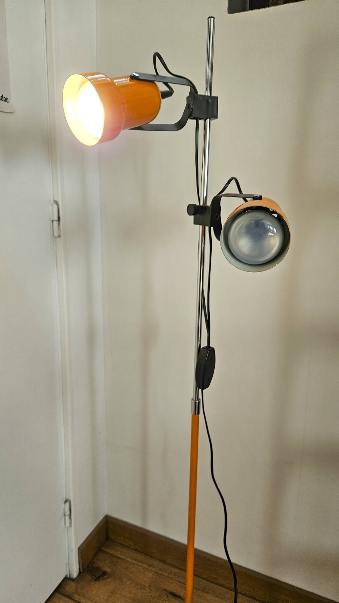 Vintage 1970s floor lamp with 2 spots, chrome, orange and black.