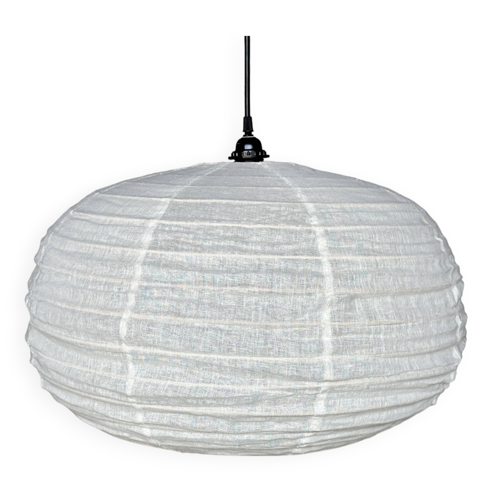 Moyenne suspension en rotin et lin naturel japonisante ronde aplatie (Labu) H35 D60